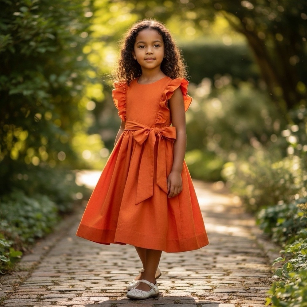 LuLu BeBe Vintage Girls Dress with Flutter Sleeves Orange NWOT Size 6/7